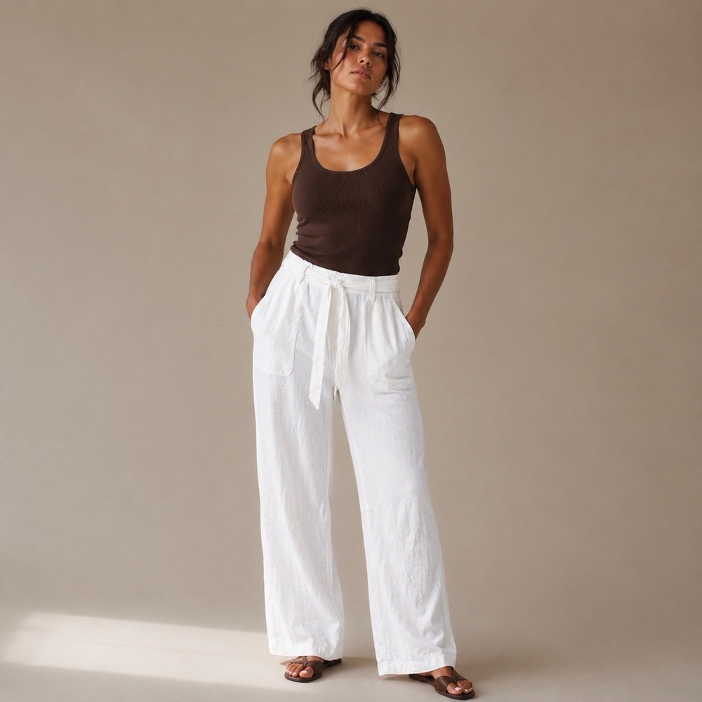 Avenue white belted linen pants womens 16 XL high rise wide leg beachy resort